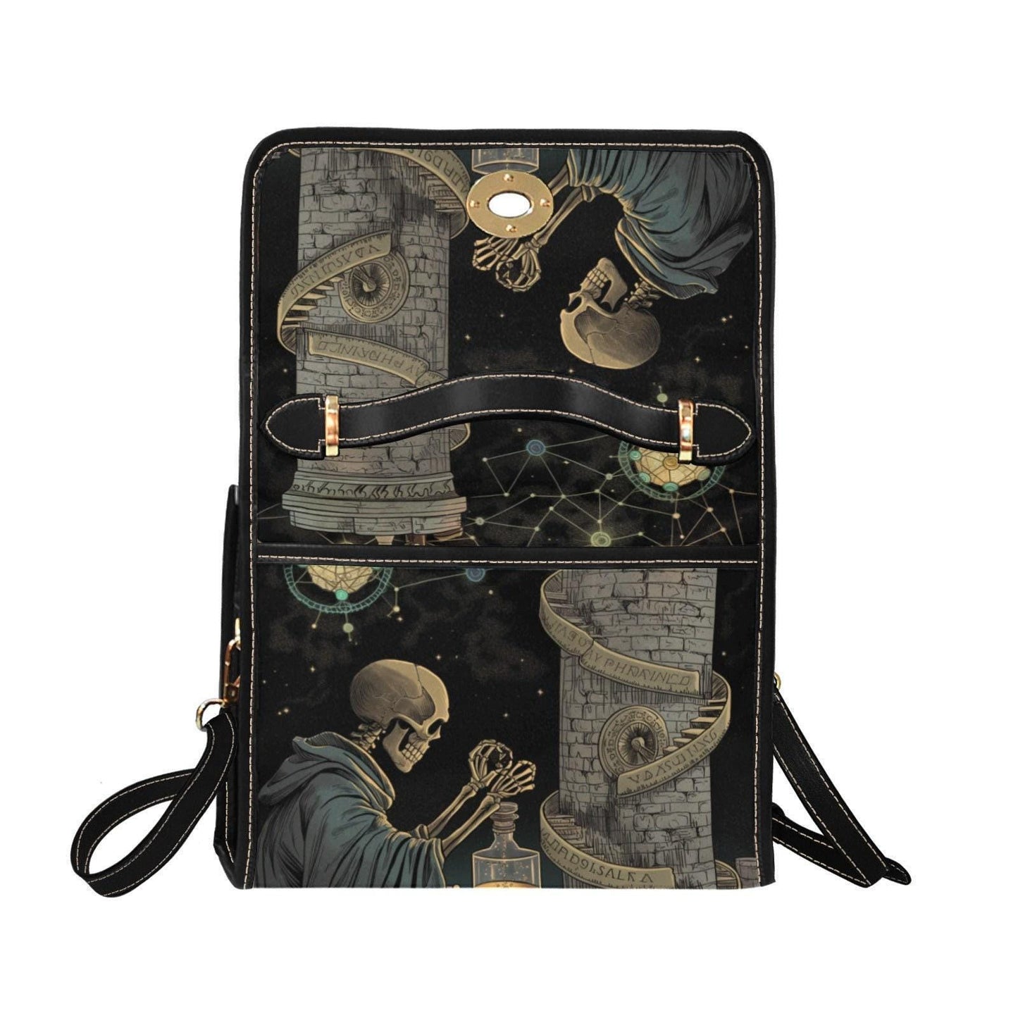 Dark academia skeleton bag, alchemist aesthetic canvas purse, occult goth crossbody satchel, mystical witch scholar gift idea