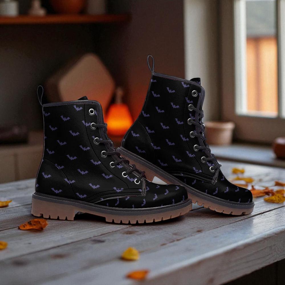 Violet bat print boots, spooky festival footwear, enchanted nightwalk combat shoes, lunar forest lace ups, celestial halloween vibe boots