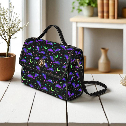 Neon Bat Pattern Crossbody Bag, Glow in the Dark Goth Purse, Vaporwave Halloween Bag, Cute Spooky Gift, Purple Green Alt Bat Handbag