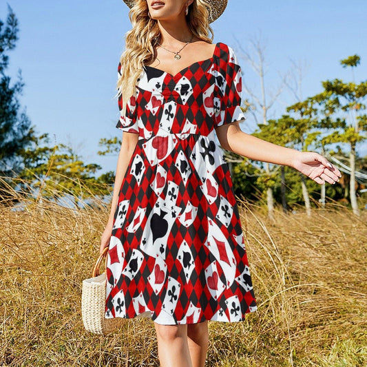 Card suit party dress, Alice inspired puff sleeve, queen of hearts mini dress, whimsical fairytale outfit, sweetheart themed fantasy dress