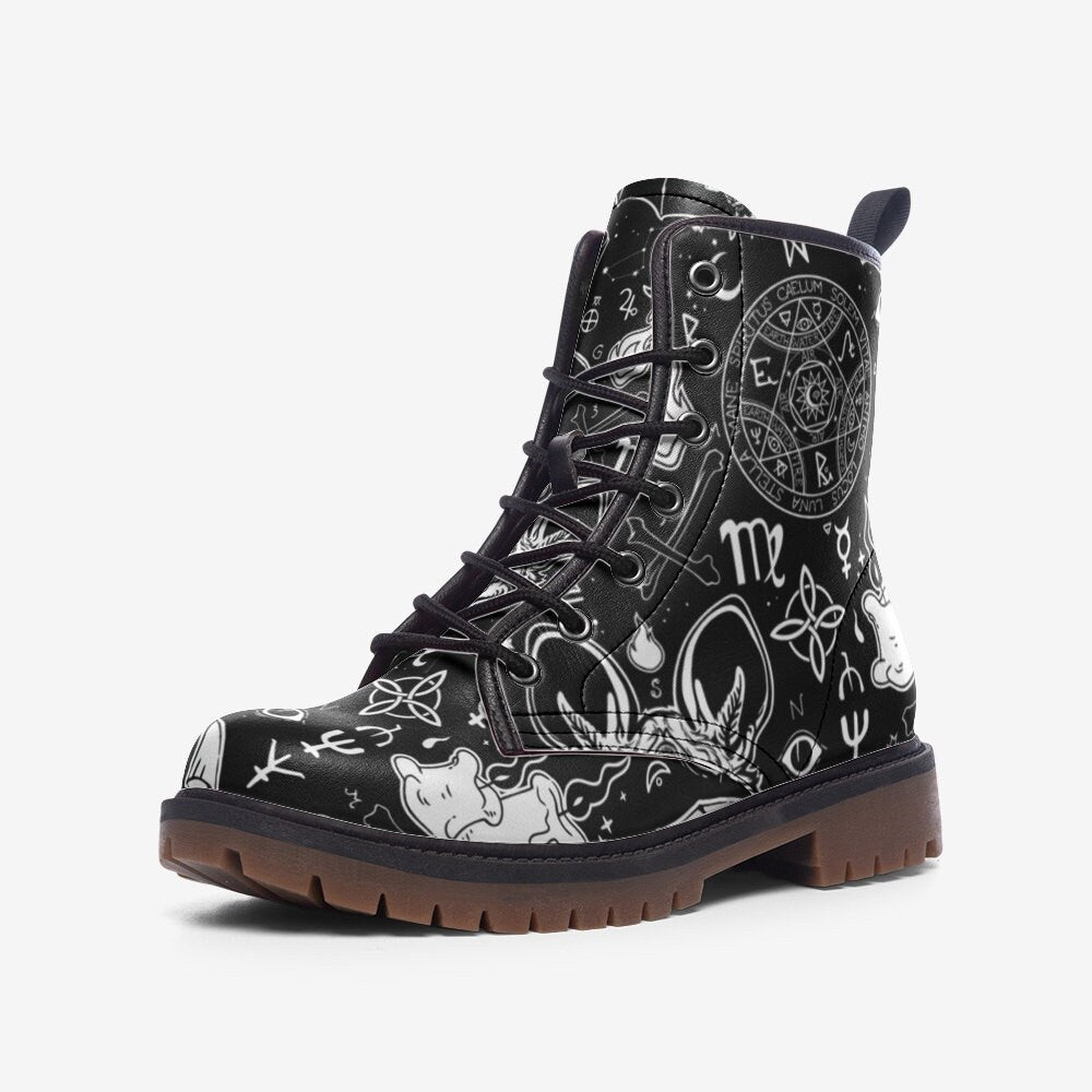 Zodiac circle combat boots, astrology occult lace up shoes, celestial witchy festival footwear, horoscope inspired alternative fashion boots