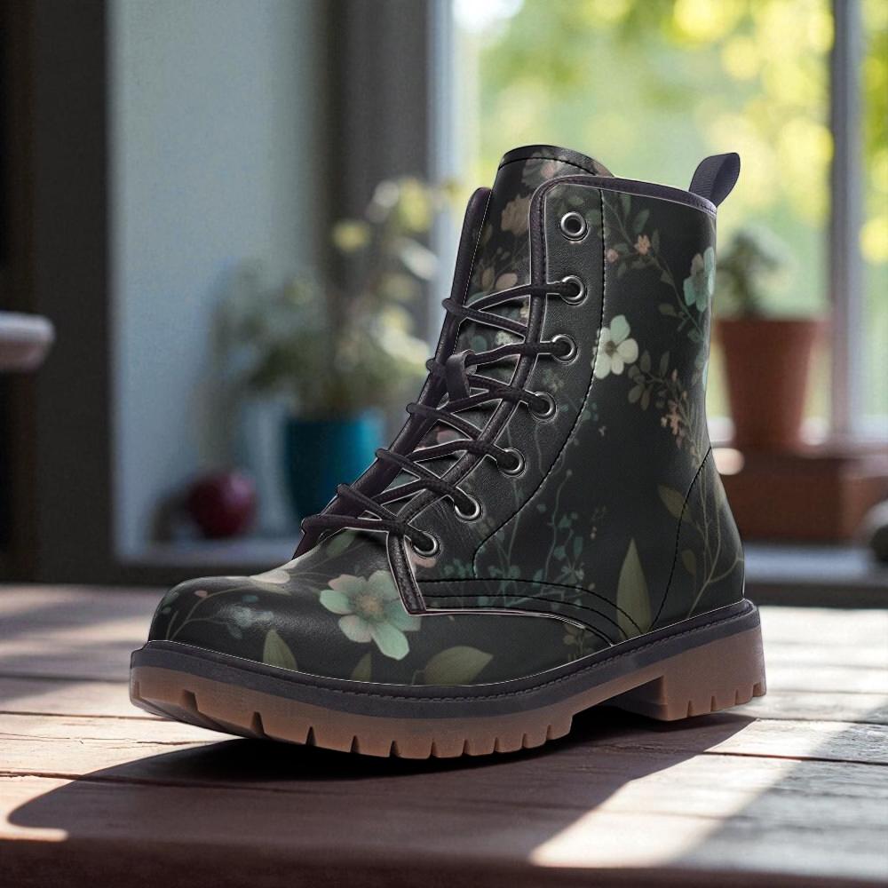 Dark floral combat boots, moody flower lace up shoes, vintage garden ankle boots, botanical print walking boots, Floral style footwear