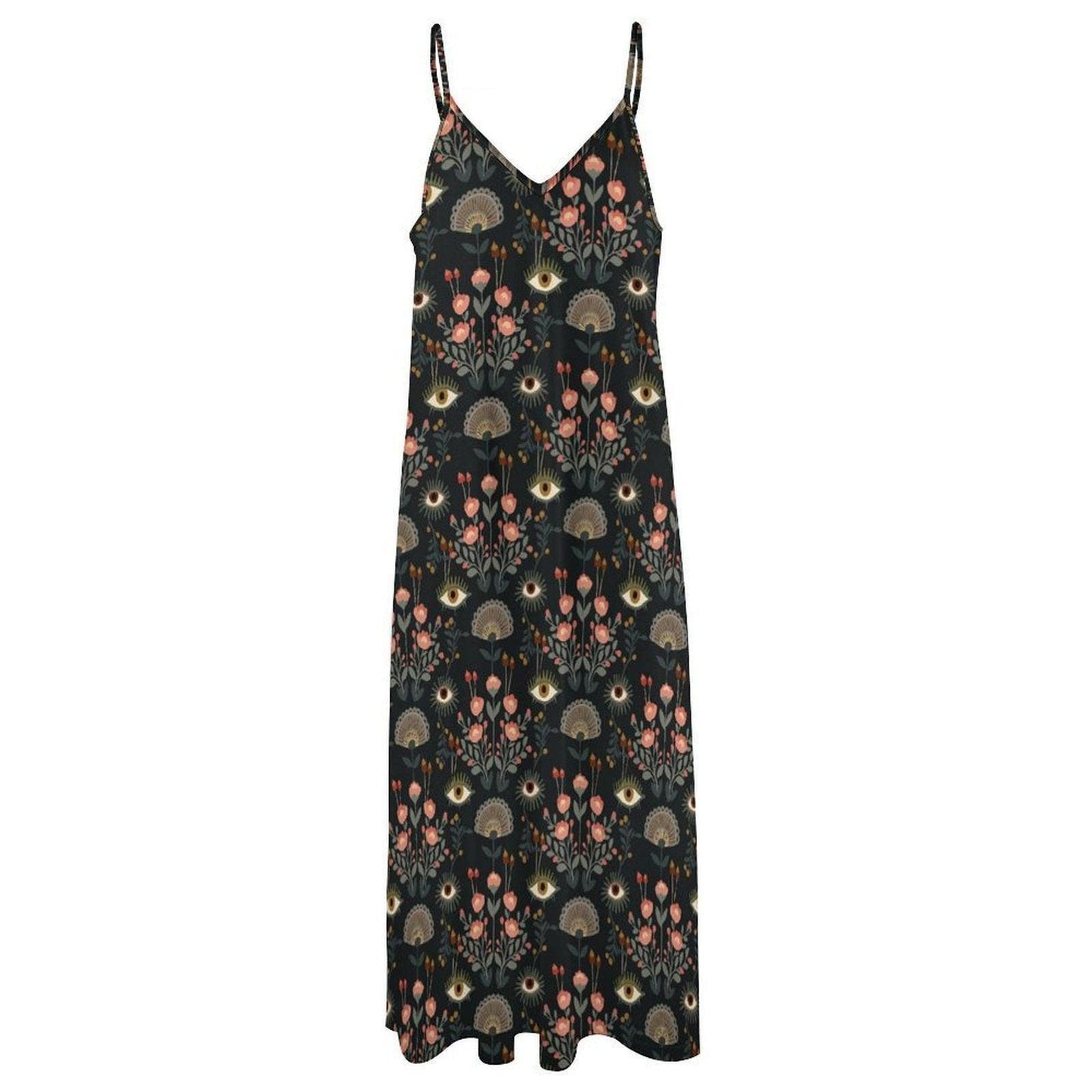 Mystic eye floral dress, Occult botanical maxi gown, Boho tulip eye sundress, Esoteric black summer outfit, Witchy folkcore fashion