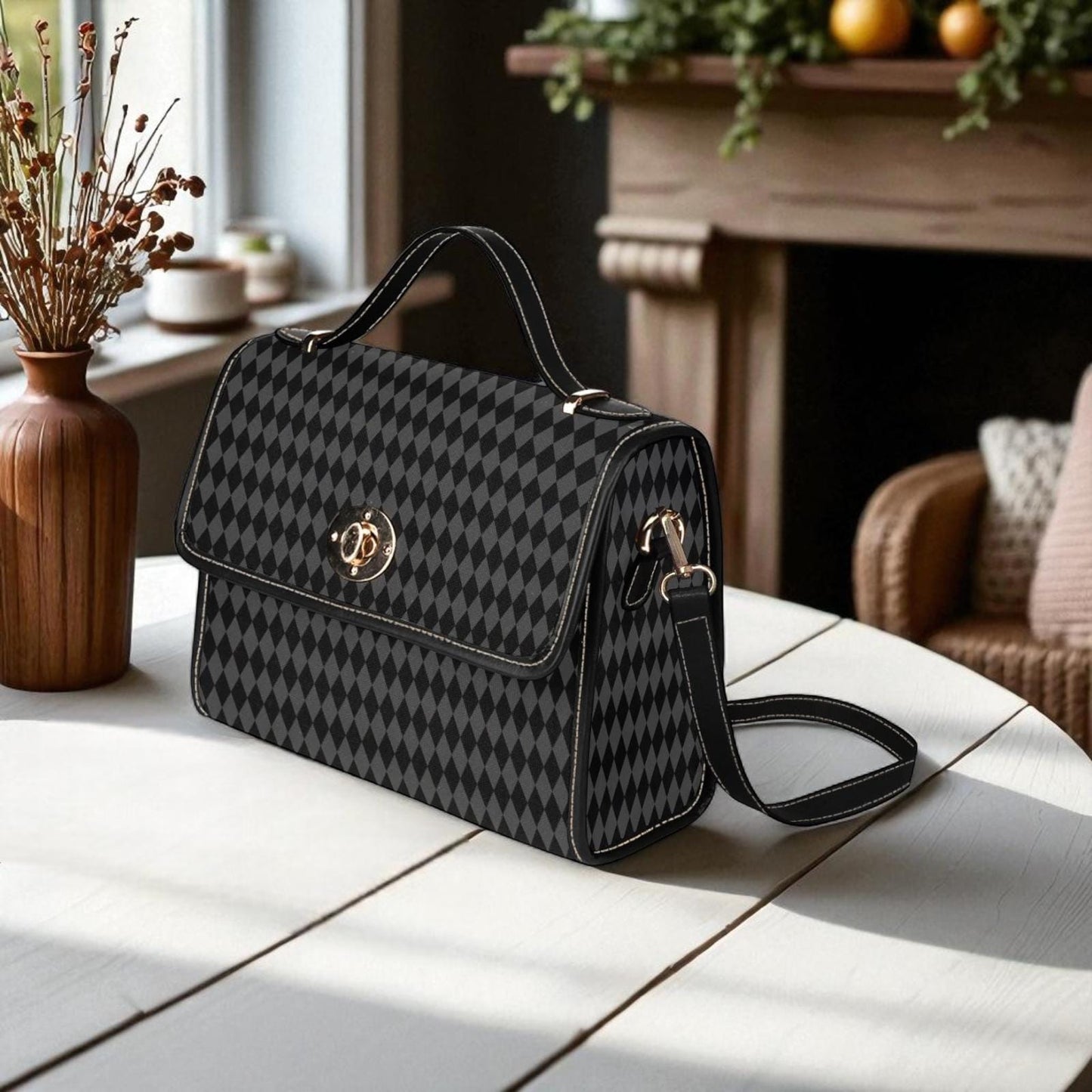 Black Diamond Print, Gothic Harlequin Pattern Bag, Dark Alt Crossbody Purse, Circuscore Inspired Style, Moody Minimalist Gift,Punky Goth Bag