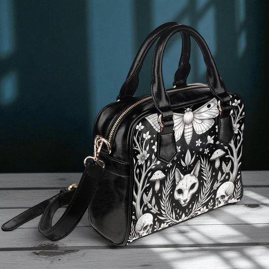 Mystical Fox Skull Handbag, Witchy Moth Purse with Dark Forest Design, Occult Crossbody Bag with Gothic Floral Pattern, Halloween Aesthetic