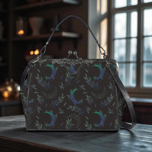 Night garden moon purse, green lunar clasp handbag, celestial leaf print kisslock bag, dreamy witch aesthetic purse, stargazer shoulder bag