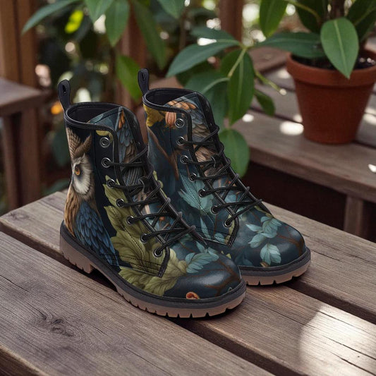 Enchanted owl combat boots, woodland night lace up shoes, mystical bird print footwear, dark forest ankle boots, cottagecore festival shoes