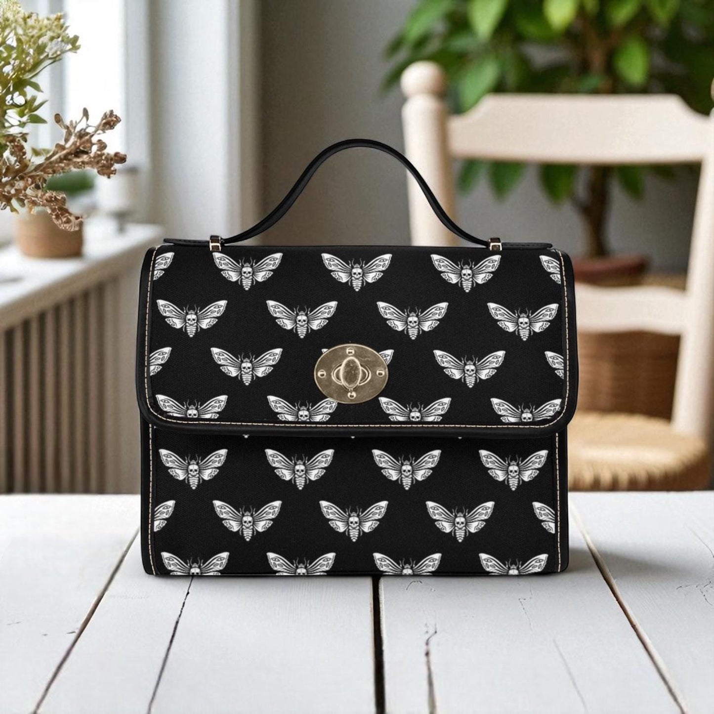 White Moth Print, Dark Goth Aesthetic Bag, Celestial Witch Style, Black Crossbody Purse, Lunar Bug Pattern, Occult Fashion Gift for Her