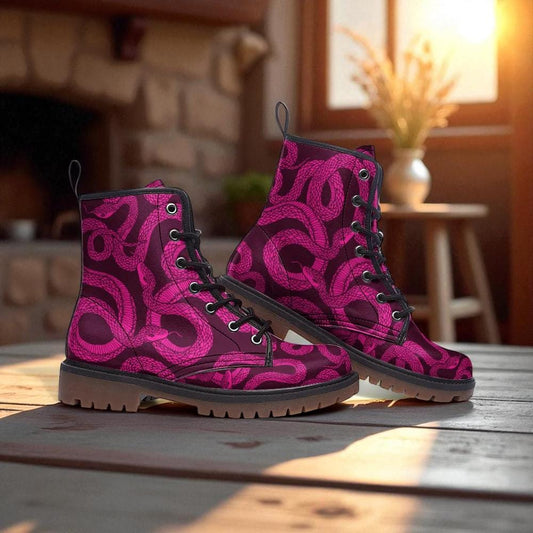 Magenta Snake Combat Boots, Witchy Punk Lace Up Shoes, Alt Girl Festival Footwear, Venom Print Grunge Boots,Gothic Reptile Aesthetic Fashion