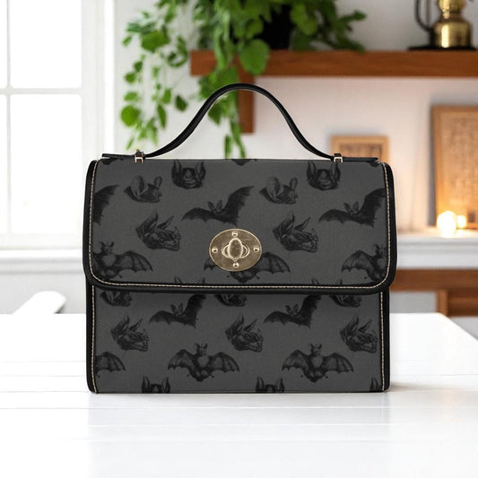 Gothic bat shoulder bag, spooky noir canvas purse, alt vampire aesthetic crossbody satchel, minimalist halloween witchy gift idea