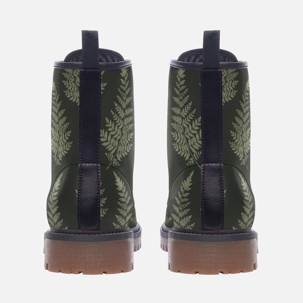 Fern print combat boots, botanical nature lace up shoes, woodland plant ankle boots, forest leaf pattern footwear, rustic walking boots