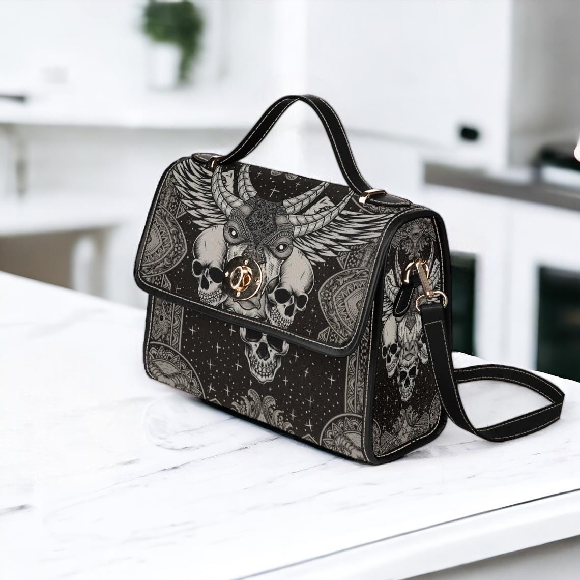 Occult skull shoulder bag, gothic sigil canvas purse, dark mystic crossbody satchel, horned beast aesthetic alt witch gift, esoteric goth
