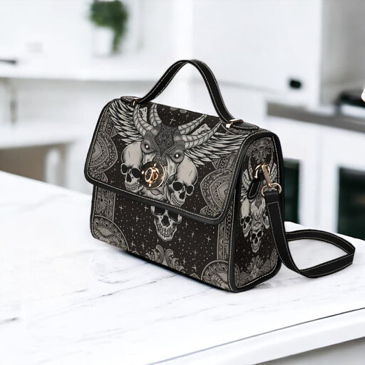 Occult skull shoulder bag, gothic sigil canvas purse, dark mystic crossbody satchel, horned beast aesthetic alt witch gift, esoteric goth
