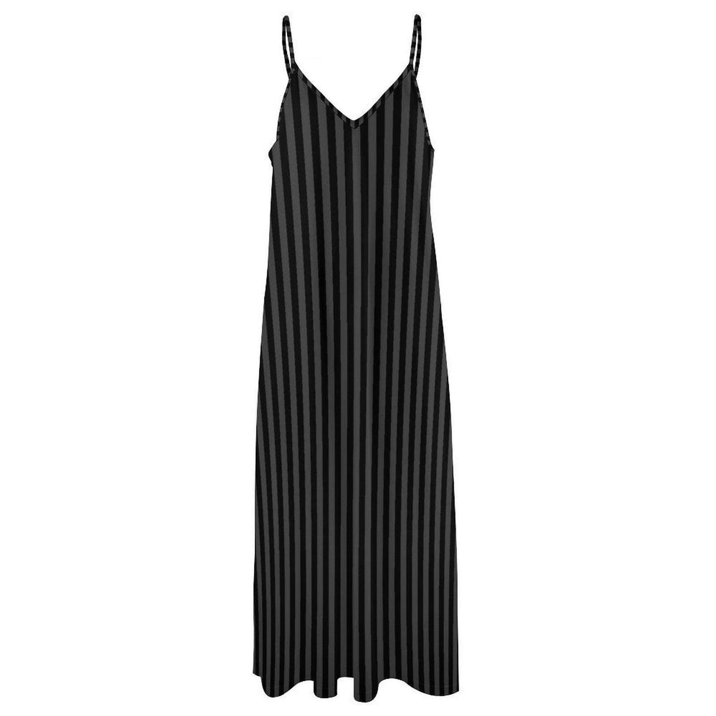 Black striped dress, gothic slip style maxi dress, dark aesthetic summer fashion, witchy long cami dress for edgy style lovers, alt wardrobe