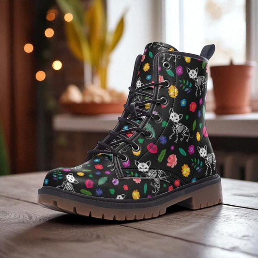 Skeleton Cat Combat Boots, Goth Floral Festival Boots, Dark Fairycore Footwear, Witchy Cat Print Shoes, Alt Pet Aesthetic Gear, Spooky Cute