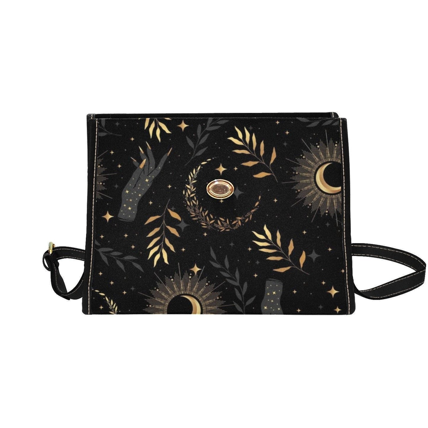 Gold Celestial Print, Witchy Black Purse, Moon Phase Crossbody Bag, Starry Sky Aesthetic, Occult Inspired Style, Dark Cosmic Gift Idea