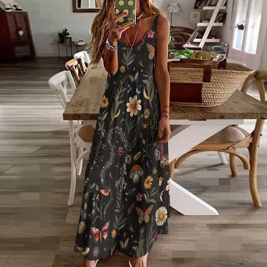 Mystical forest snake dress, Dark fairy mushroom gown, Black garden butterfly sundress, Cottagecore serpent print outfit, Witchcore summer