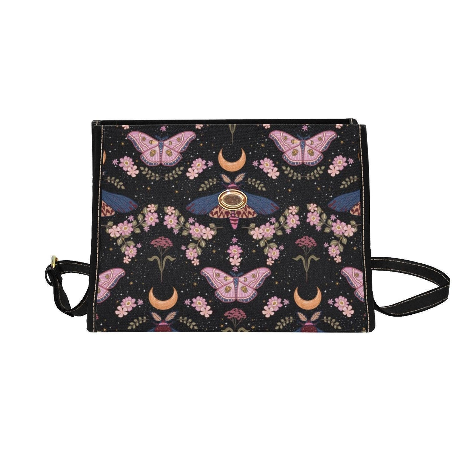 Moth and Floral Witch Bag, Celestial Shoulder Bag with Moon Print, Gothcore Satchel for Alt Girls, Dark Fairy Grunge Purse, Witchy Gift Idea