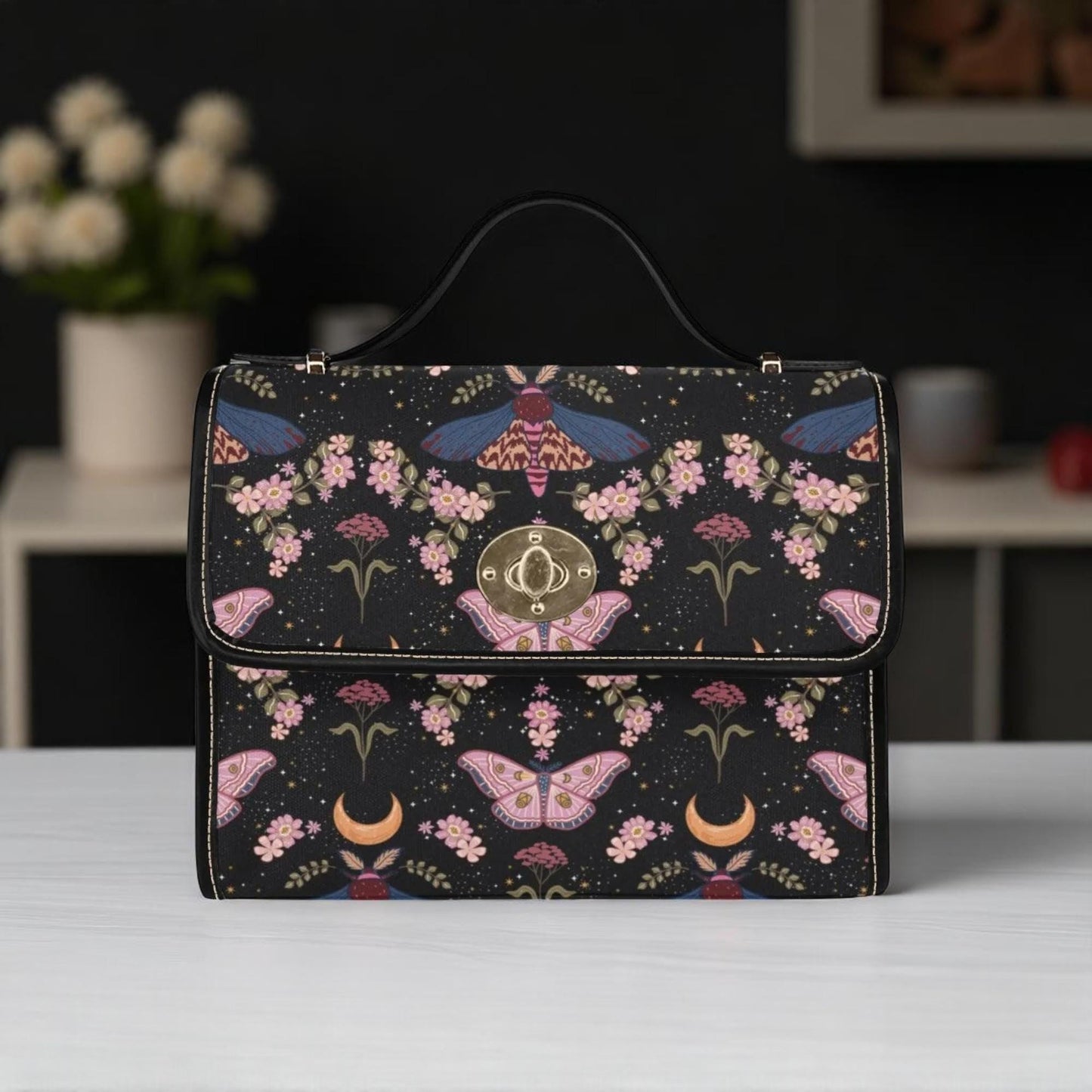 Moth and Floral Witch Bag, Celestial Shoulder Bag with Moon Print, Gothcore Satchel for Alt Girls, Dark Fairy Grunge Purse, Witchy Gift Idea
