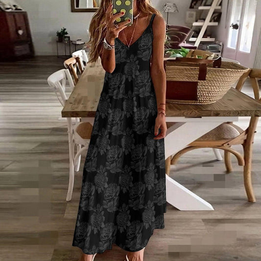 Black Floral Maxi Dress, Gothic Rose Cami Dress, Dark Floral Slip Dress, Witchy Summer Outfit, Moody Garden Aesthetic Clothing, Elegant Goth