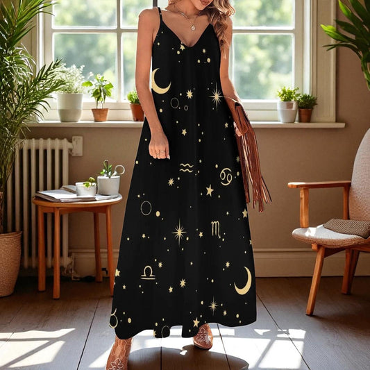 Zodiac Print Maxi Dress, Astrology Boho Clothing, Celestial Horoscope Dress, Witchy Summer Slip Dress, Moon Star Spiritual Aesthetic