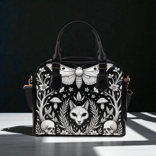 Mystical Fox Skull Handbag, Witchy Moth Purse with Dark Forest Design, Occult Crossbody Bag with Gothic Floral Pattern, Halloween Aesthetic