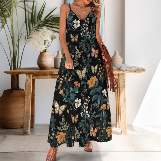Boho Cottagecore Maxi Dress, Fairy Forest Pattern Dress, Woodland Motif Dress, Witchy Maxi Dress, Fairy Grunge Dress, Boho Forest Maxi Dress