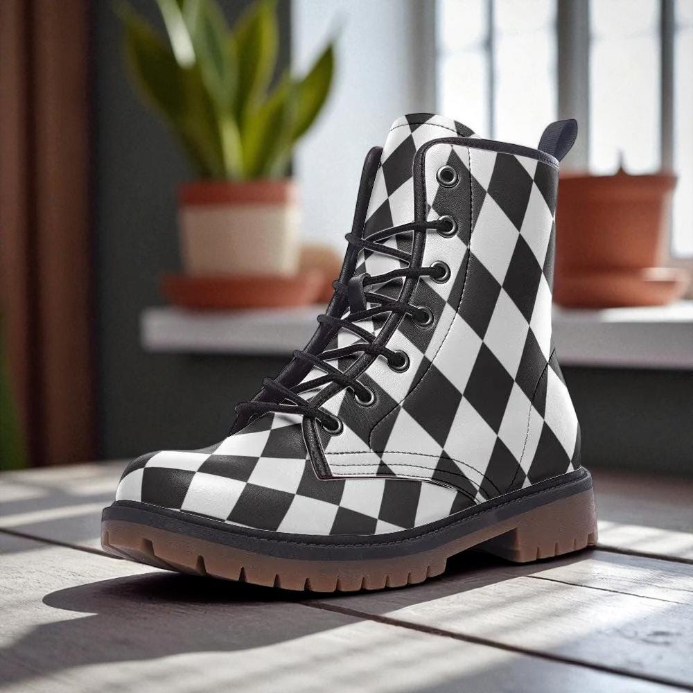 Black white diamond boots, monochrome punk lace up, alt harlequin goth shoes, checkered rave boots, emo festival shoes, punk checker boots