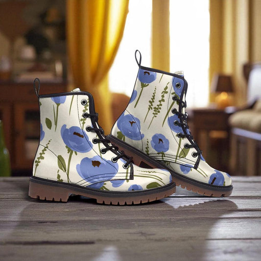 Blue Floral Combat Boots, Cottagecore Lace Up Boots for Women, Whimsical Flower Print Footwear, Light Academia Fashion Boot,Gardencore Shoes