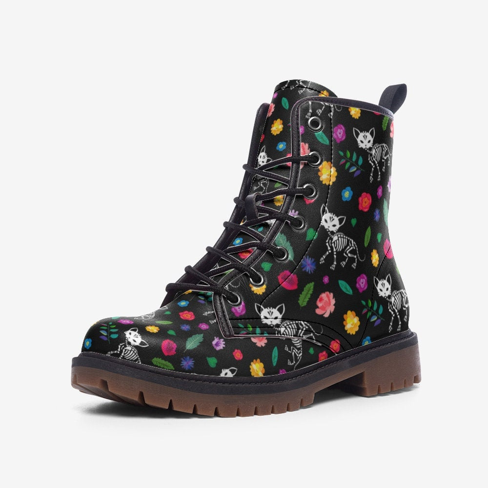 Skeleton Cat Combat Boots, Goth Floral Festival Boots, Dark Fairycore Footwear, Witchy Cat Print Shoes, Alt Pet Aesthetic Gear, Spooky Cute
