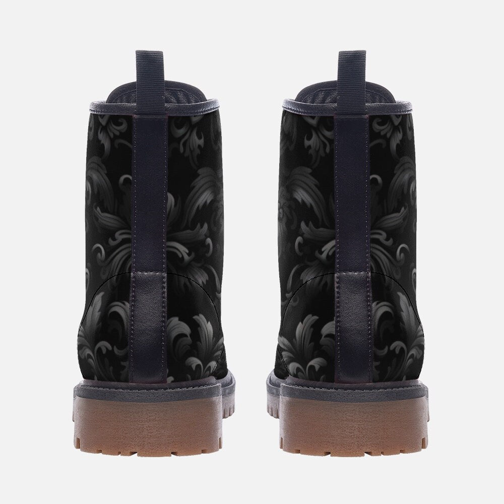 Black baroque floral boots, dark vintage lace up shoes, ornate pattern combat boots, elegant gothic style footwear,baroque print ankle boots
