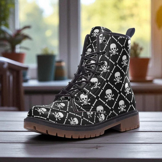 Skeleton gothic combat boots, black occult festival shoes, punk skull lace boots, dark alternative rave footwear, horrorcore emo boots