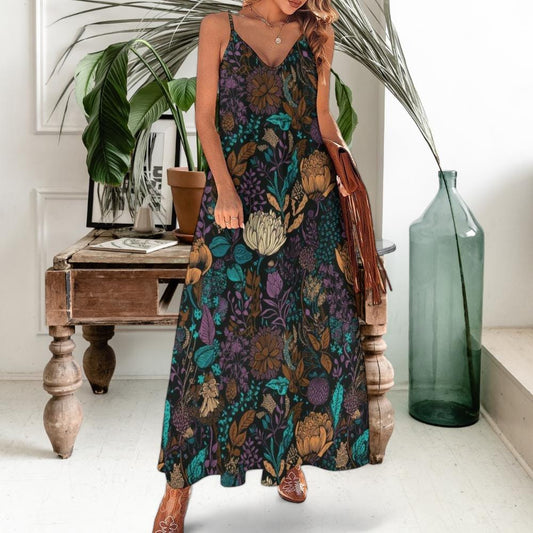 Dark Cottagecore Maxi Dress, Dark Floral Pattern Dress, Forest Ferns Dress, Witchy Maxi Dress, Fairy Grunge Dress, Whimsigoth Dress