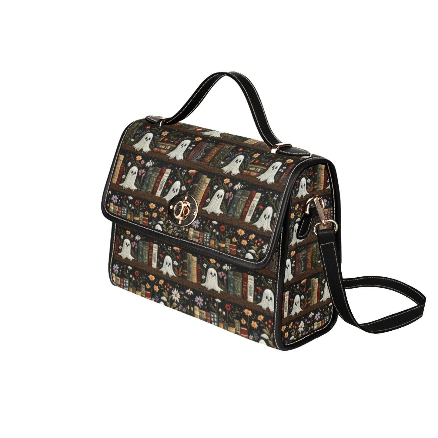 Ghost Library Shoulder Bag, Spooky Book Print Handbag, Witchy Crossbody Purse, Halloween Satchel with Ghosts and Books, Goth Academia Gift