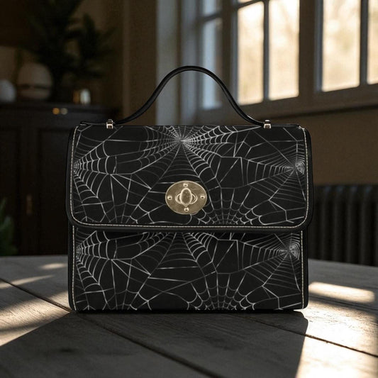 Web print black satchel, spider design crossbody purse, Halloween shoulder handbag, occult inspired everyday bag, dark academia accessory