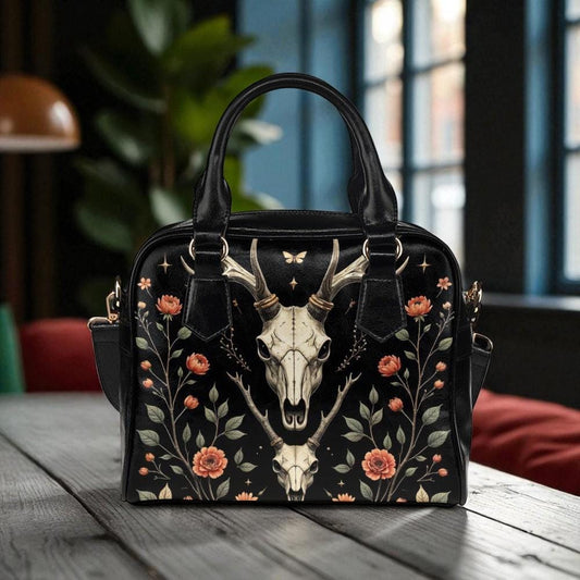 Deer skull floral handbag, witchy occult purse, antler skull satchel, spooky forest crossbody, dark floral handbag, mystical skull purse