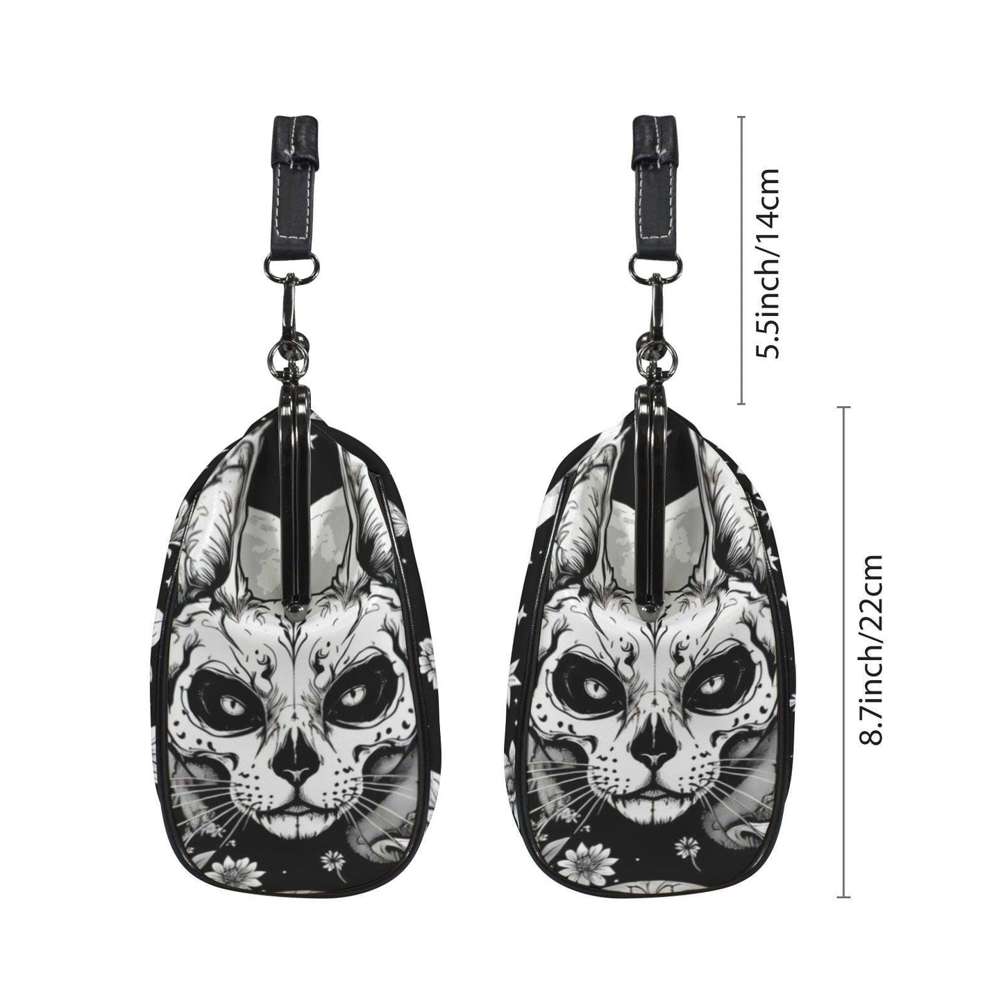 Full moon cat clasp purse, celestial feline print handbag, skull and flower kisslock bag, dreamy familiar shoulder purse, black cat design