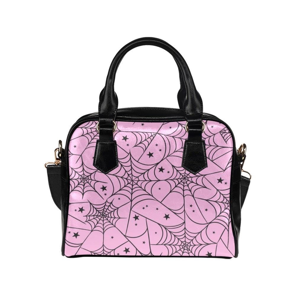Pink Spiderweb Handbag with Star Pattern, Pastel Goth Purse for Halloween Outfits, Cute Witchy Crossbody Satchel,Kawaii Creepy Aesthetic Bag
