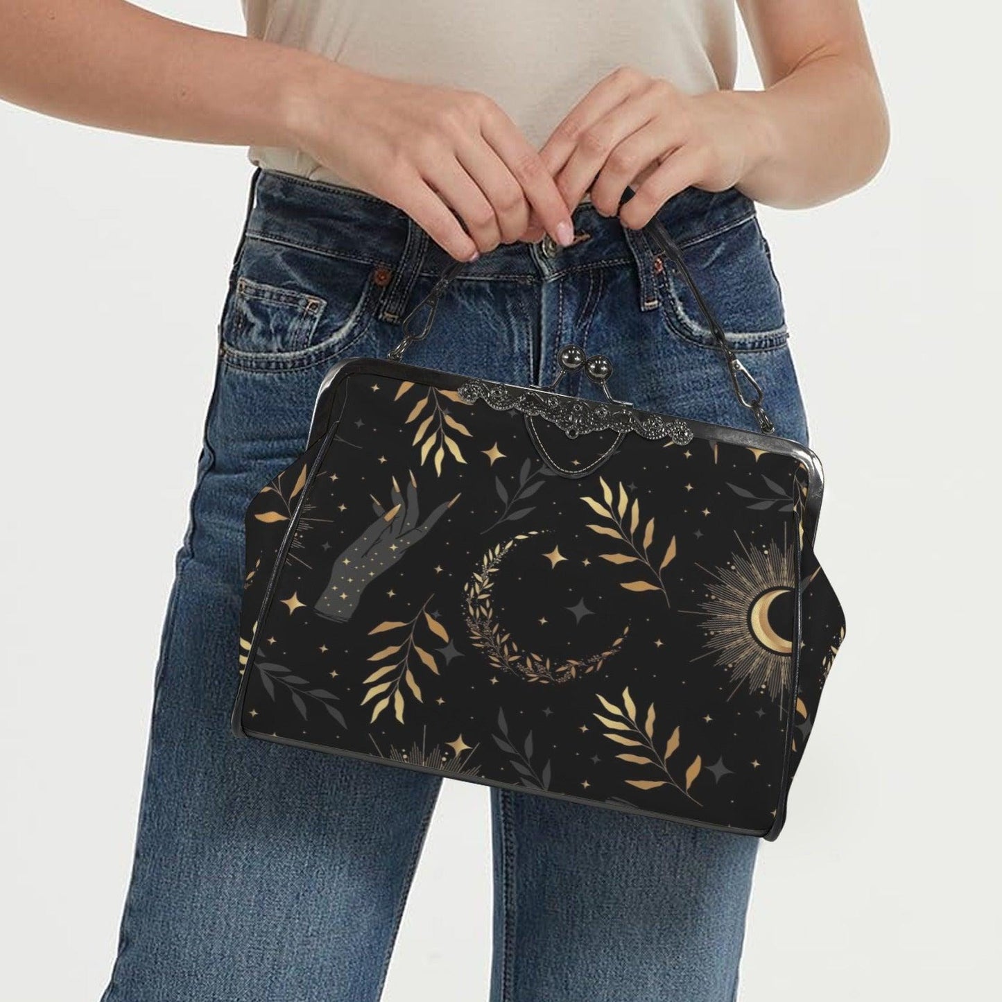 Golden Celestial Purse, Moon Stars Evening Bag, Witchy Floral Handbag, Gothic Crossbody Clutch, Occult Night Accessory, Astrology Satchel