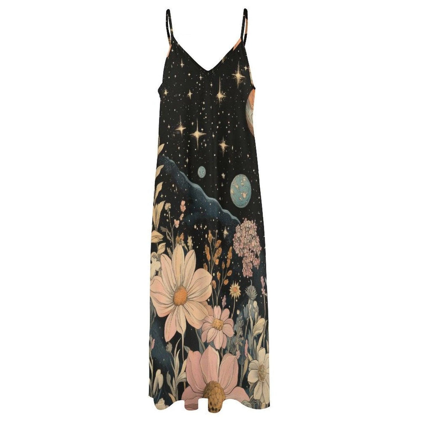 Cosmic flower garden dress, Galaxy print maxi sundress, Celestial night floral outfit, Starry witchcore boho gown, Moon and daisies design