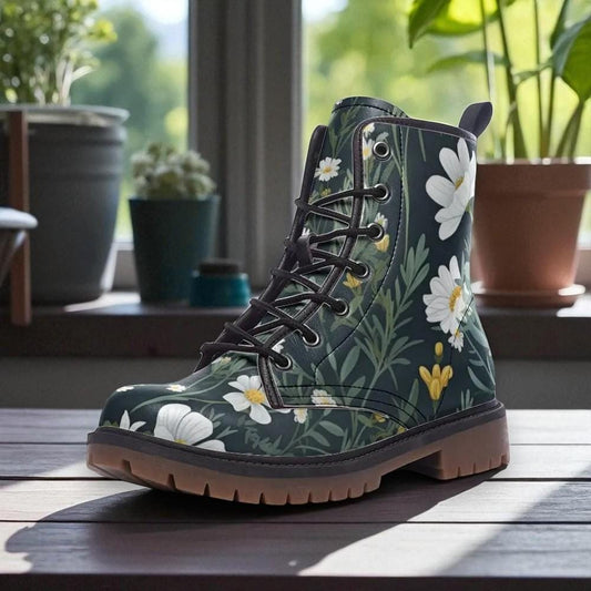 Daisy Floral Combat Boots, Cottagecore Festival Shoes, Botanical Green Boots, Dark Academia Footwear, Fairycore Boots, Vintage Floral Boots