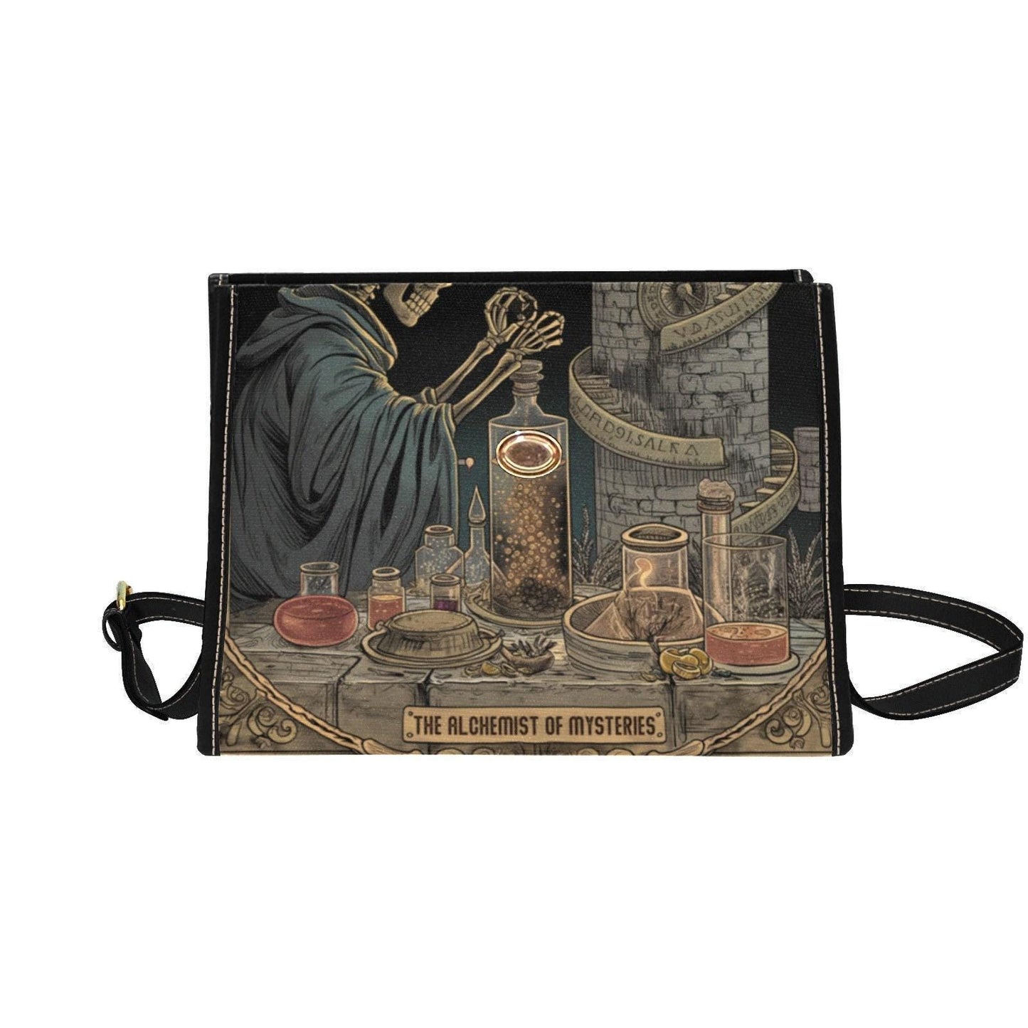 Dark academia skeleton bag, alchemist aesthetic canvas purse, occult goth crossbody satchel, mystical witch scholar gift idea