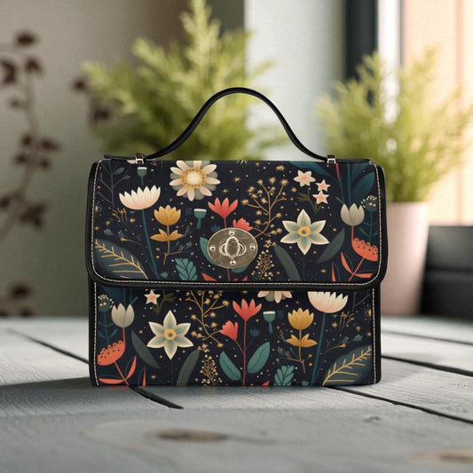 Floral night sky handbag, celestial garden purse, enchanted flower print bag, whimsical botanical shoulder bag, starry bloom crossbody