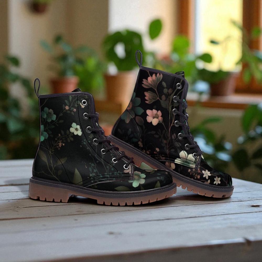 Dark floral combat boots, moody flower lace up shoes, vintage garden ankle boots, botanical print walking boots, Floral style footwear