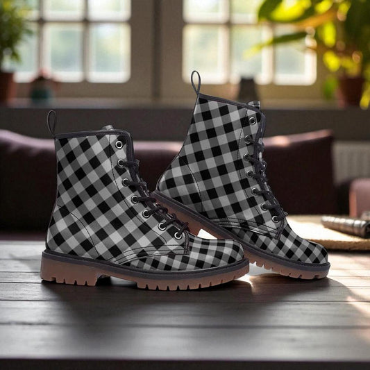 Grey gingham combat boots, soft punk lace up shoes, grayscale plaid goth boots, romantic grunge footwear, cottagecore punk boots,moody boots