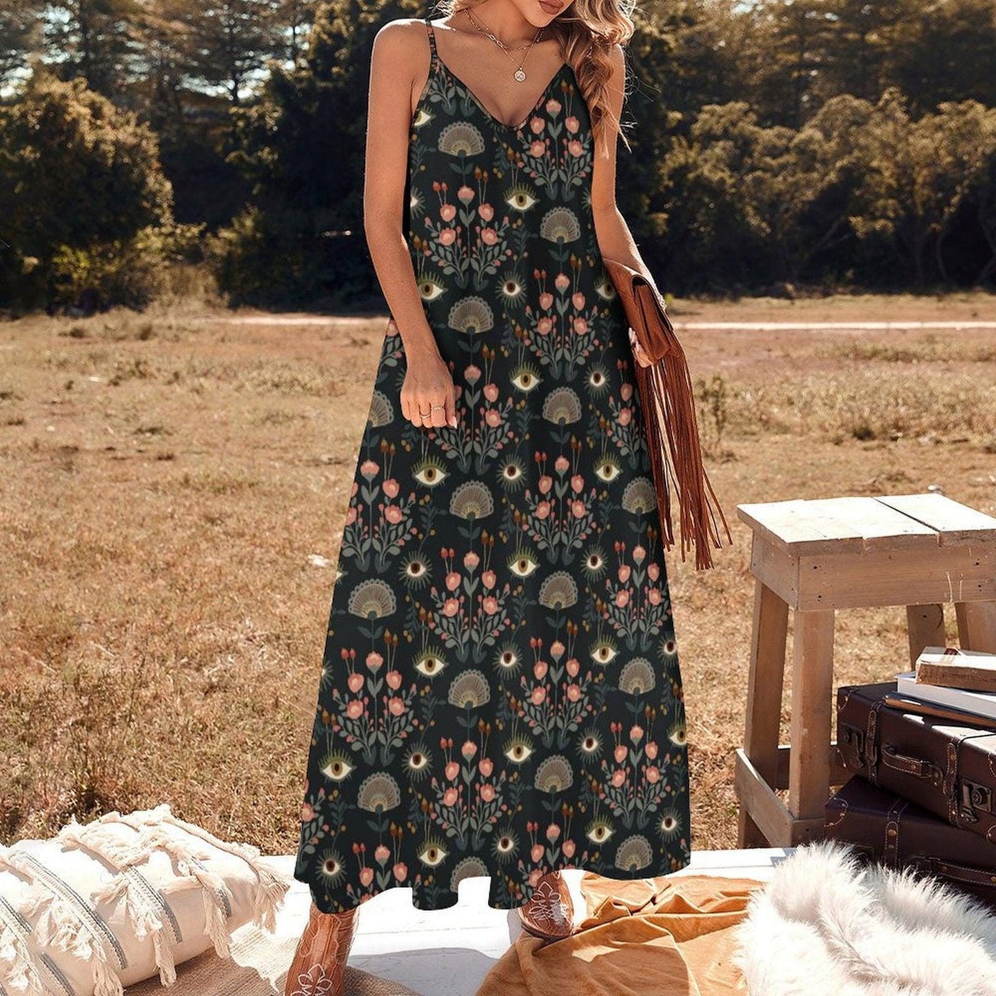 Mystic eye floral dress, Occult botanical maxi gown, Boho tulip eye sundress, Esoteric black summer outfit, Witchy folkcore fashion