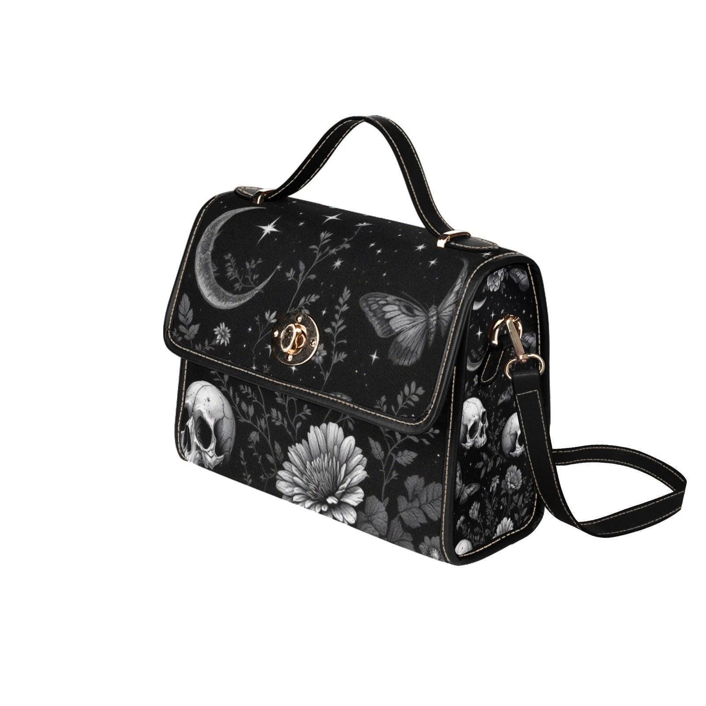 Mystical Moon Skull Bag, Dark Floral Gothic Purse, Celestial Butterfly Handbag, Witchy Shoulder Tote, Elegant Goth Accessories, Occult Gift