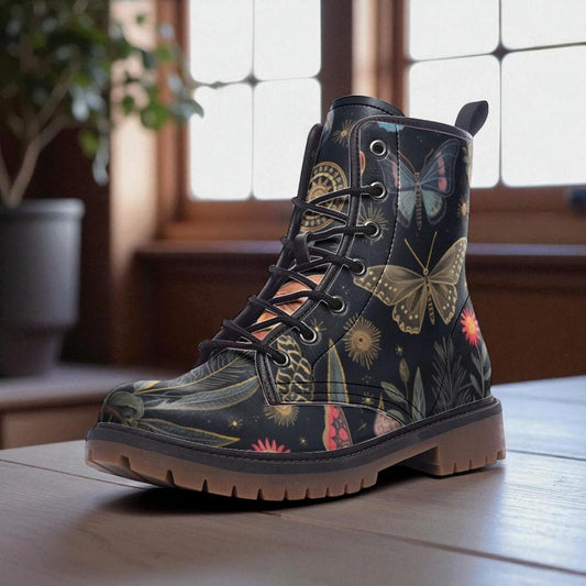 Celestial butterfly combat boots, mystical insect lace up shoes, astrology inspired ankle boots, starry moth pattern footwear,Festival boots