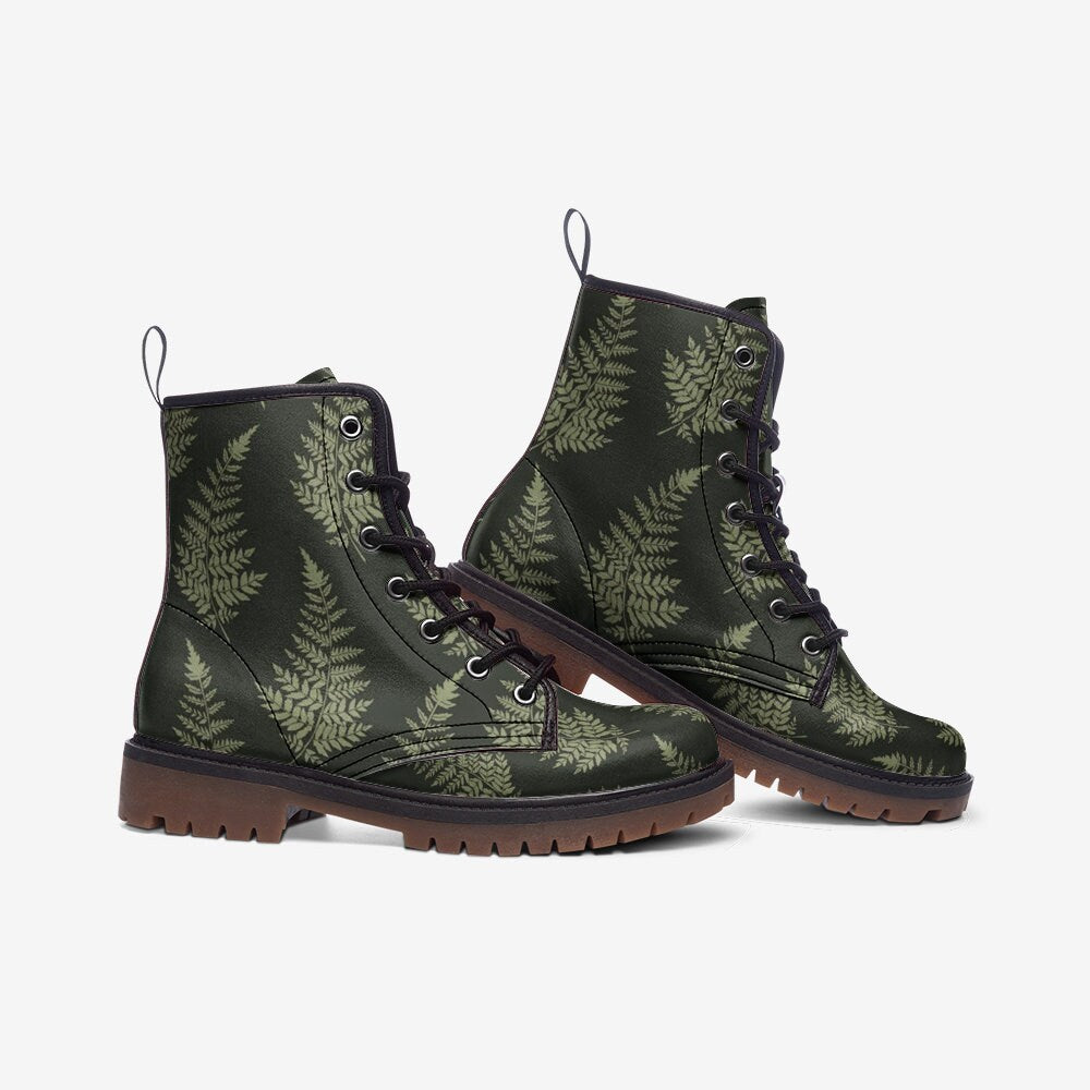 Fern print combat boots, botanical nature lace up shoes, woodland plant ankle boots, forest leaf pattern footwear, rustic walking boots
