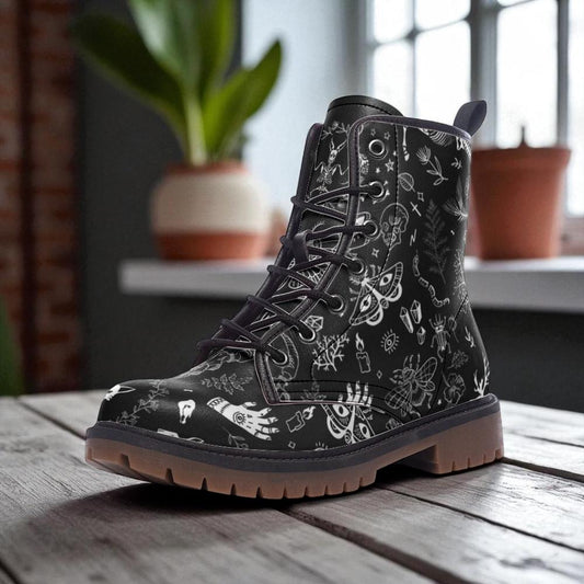 Mystic symbol combat boots, celestial festival lace up shoes, witchy occult printed footwear, astrology inspired alternative fashion boots